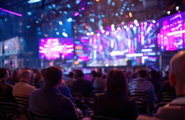 Audience members are watching a presentation on a large stage with led screens displaying colorful graphics, during a tech conference