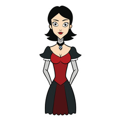 A young woman in a flowing gothic dress, adorned with lace and dark velvet, stands in eerie elegance, exuding mystery and vintage charm under a moonlit sky.
