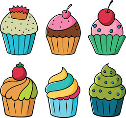 Charming Six Cartoon Cupcakes in Hand Drawn Vector Art