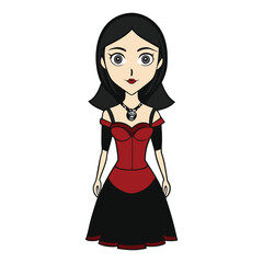 A young woman in a flowing gothic dress, adorned with lace and dark velvet, stands in eerie elegance, exuding mystery and vintage charm under a moonlit sky.
