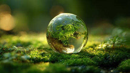Glass globe showcasing lush green Earth nestled on moss, representing nature, sustainability, and environmental protection