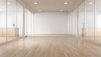 Empty office hallway with glass walls