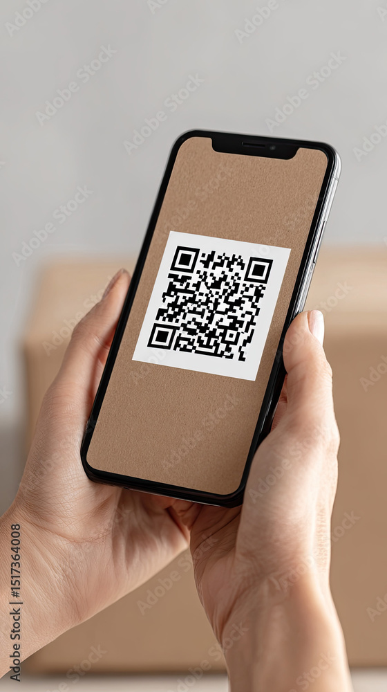 Poster qr code displayed on smartphone screen held by hands