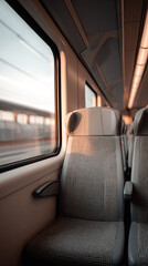 Train seat near window with soft natural light inside modern