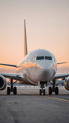 Commercial airplane on runway at sunset with reflection