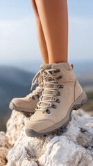 Naklejka premium Hiking boots on rocky terrain with scenic mountain background