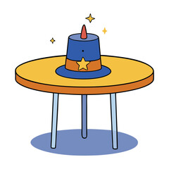 A classic magician’s top hat sits mysteriously on a round table, hinting at secrets within—ready to reveal a rabbit, dove, or spellbinding surprise.
