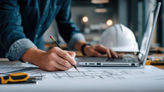 Architect drawing blueprints with a pencil and using laptop, with white helmet and tools on the table