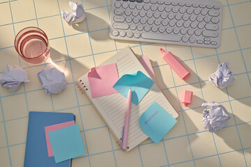 An organized workspace with stationery and crumpled paper balls