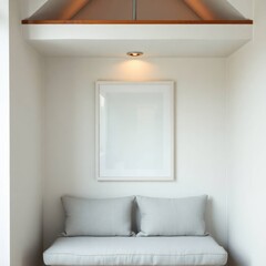Mockup poster frame above minimalist cushioned bench in bright cozy reading nook with neutral color palette