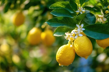 Close up of ripe lemons growing on a lemon tree branch with delicate white flowers and lush green leaves, capturing the essence of a sunny citrus orchard