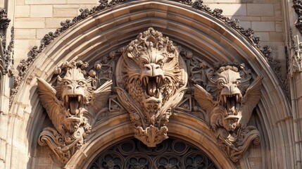 Obraz premium Ornate stone carvings above an archway entrance.