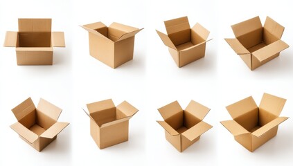 Fototapeta premium Nine cardboard boxes, various open configurations