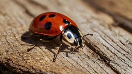 Detailed Macro of a Red Ladybug with Black Spots on Weathered Wood