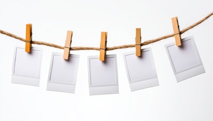 Five blank instant photos strung on twine