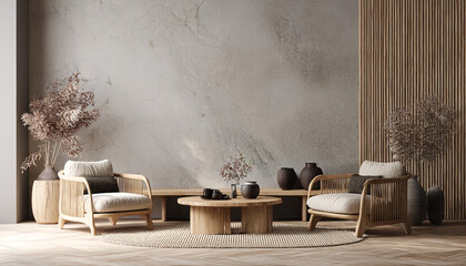 Modern minimalist living room interior design with wooden chairs and home