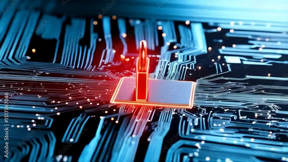 Poster red padlock on a computer chip with circuit board design representing internet security and data pro