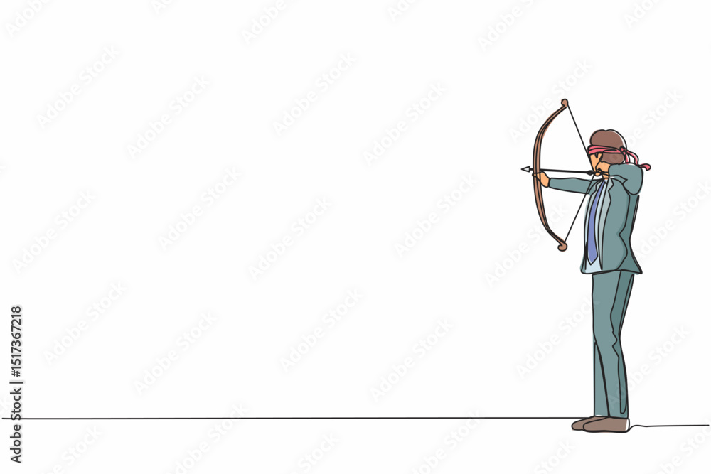 Poster single continuous line drawing blindfolded businessman shooting arrow. missed the target. businessma