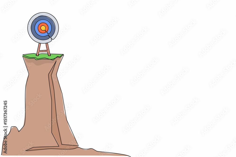 Poster single continuous line drawing archery target ring with arrows hitting bullseye on cliff. dartboard 