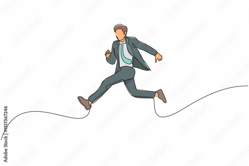Poster single one line drawing businessman running fast with waving necktie. late business person rushing i
