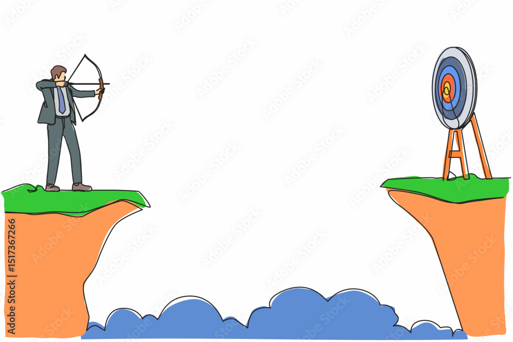 Poster single one line drawing businessman standing on cliff with archer in hand. business target goals. ma