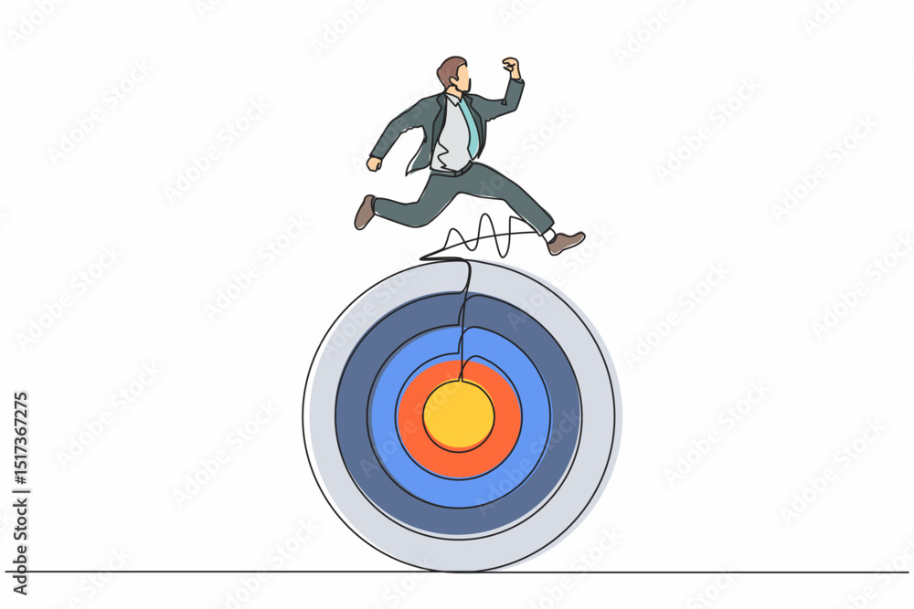 Poster continuous one line drawing businessman move forward with goals. businessman running on target. busi