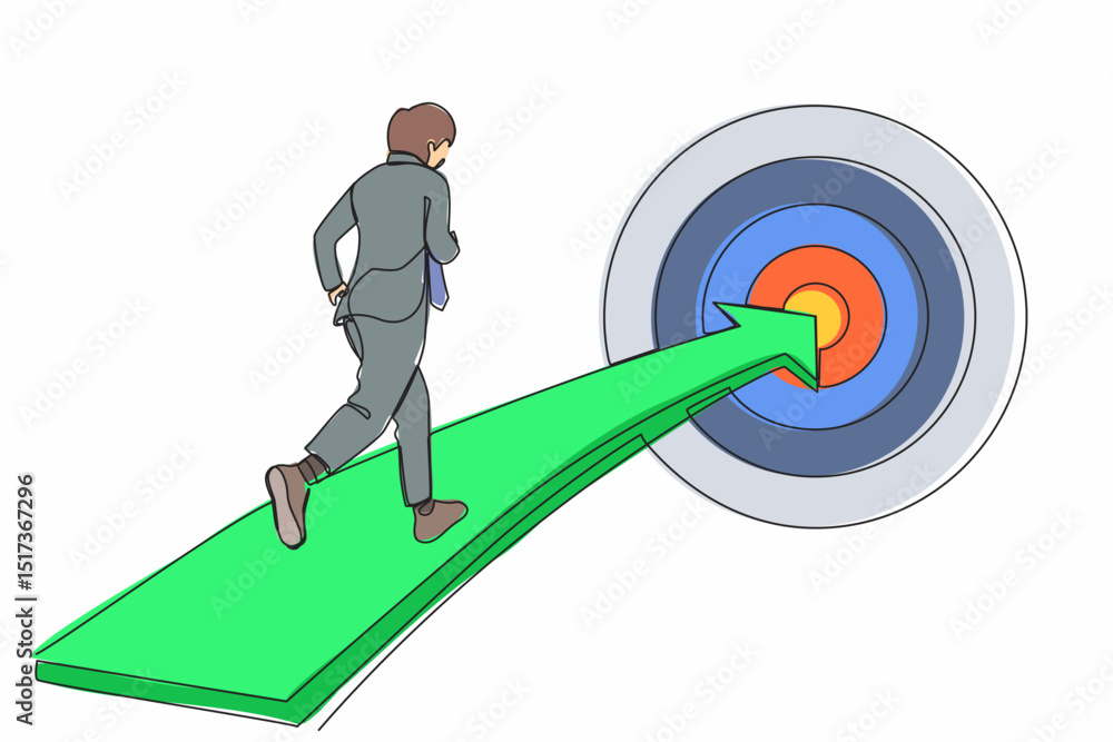 Aufkleber single one line drawing businessman running on arrow to center of dartboard. business concept of tar