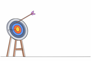 Single one line drawing arrow missed hitting target mark. Shot miss. Failed inaccurate attempts to hit archery target. Business challenge failure metaphor. Continuous line draw design graphic vector