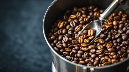 Fototapeta premium Roasted Coffee Beans in a Metal Container