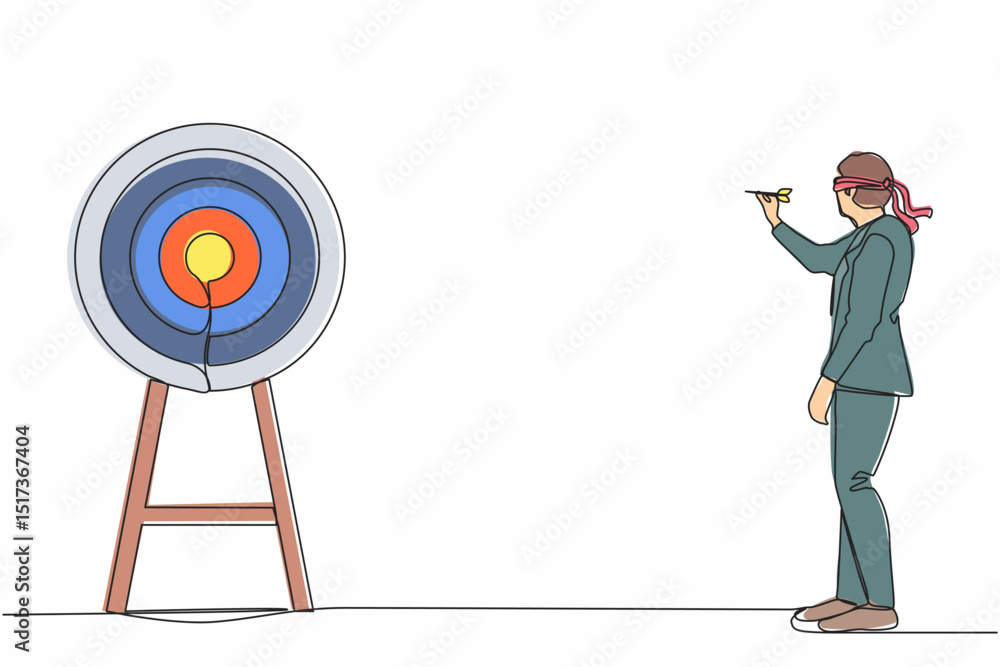 Poster single continuous line drawing businessman using blindfold and hit darts target. confused blindfold 