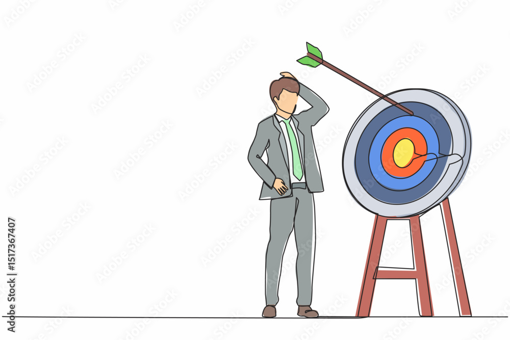 Poster continuous one line drawing young ambition businessman arrow missed at the target. failed hit archer