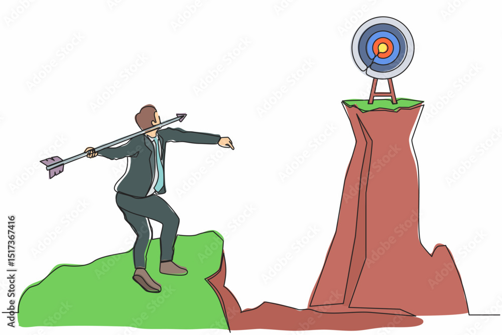 Poster continuous one line drawing businessman standing on peak of cliff targeting dartboard with big arrow