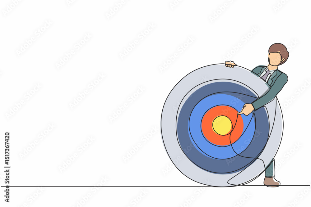 Poster continuous one line drawing businessman holding archer target or dashboard pointing at bullseye. foc