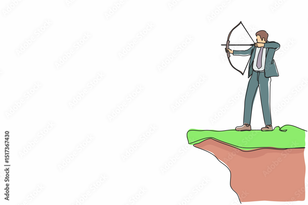 Poster single one line drawing businessman standing on cliff with archer in hand. business target goal. bus