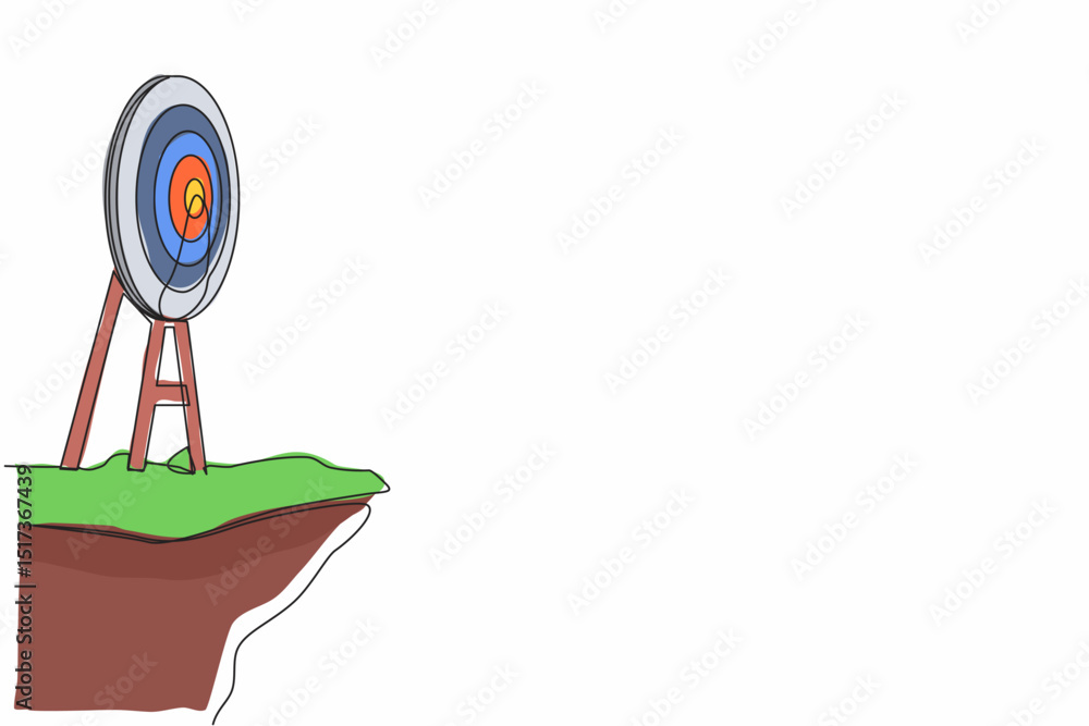 Poster continuous one line drawing archery target ring without arrows hitting bullseye on cliff. dartboard 