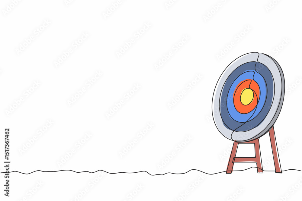 Poster single one line drawing archery target ring without arrows hitting bullseye. dartboard on tripod. go