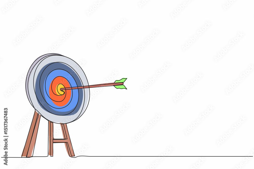 Poster single continuous line drawing archery target ring with arrows hitting bullseye. dartboard on tripod