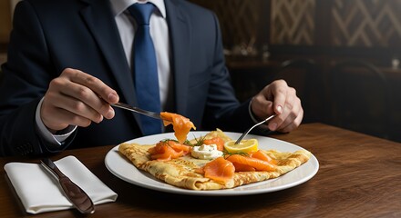 Businessman Enjoying a Gourmet Smoked Salmon Crepe Lunch