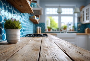 Empty wooden table with blurred modern kitchen in the background, perfect for product placement