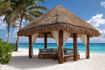 Beach resort cabana with ocean view and palm trees scenery