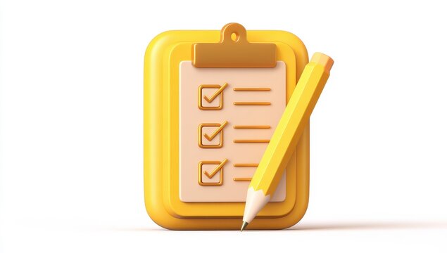 3D yellow clipboard with checklist and pencil