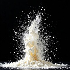 Explosion of small food particles creating dramatic splash effect on white background. Abstract background of frozen flour movement. Food dynamics visual impression concept