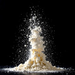 Explosion of small food particles creating dramatic splash effect on white background. Abstract background of frozen flour movement. Food dynamics visual impression concept