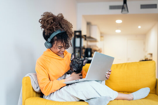 Freelancer working from home with her french bulldog on the sofa