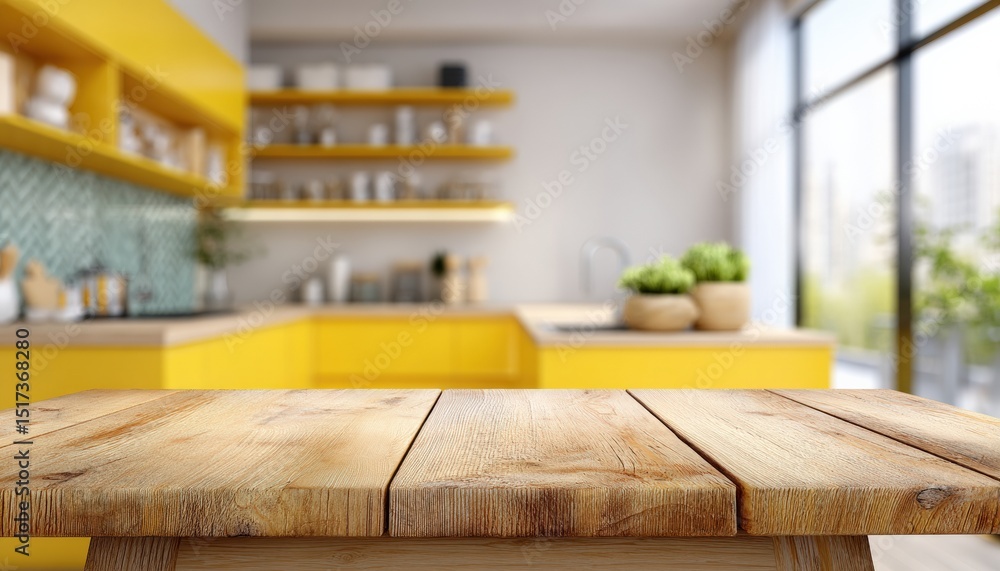 Poster featuring an empty wooden table set in a modern yellow kitchen, providing an ideal surface for produ
