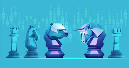 concept of stock market business strategy, graphic of bull chess piece and bear chess piece with stock market element