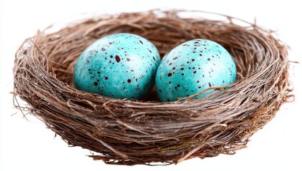 Obraz premium Two teal speckled eggs in a bird's nest