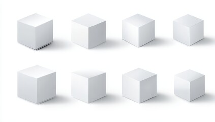 Eight white cubes with varied perspectives, casting shadows
