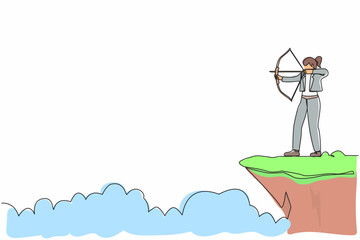 Single one line drawing businesswoman standing on cliff with archer in hand. Business target goal. Businesswoman focus to successful. Shooting target with bow arrow. Continuous line draw design vector