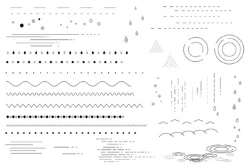 雨をイメージしたシンプルな飾り罫線・ラインのイラストセット（波線、波模様、点線）